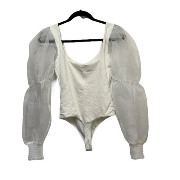 Revolve NBD S Blaine Bodysuit Bridal Bachelorette White Organza Sleeve Sheer - Picture 2 of 7